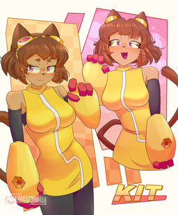 4_fingers anthro breasts brown_body brown_hair clothing eyebrows eyelashes eyewear eyewear_on_head fangs female fingers goggles goggles_on_head hair looking_at_viewer open_mouth open_smile red_eyes smile solo teeth whiskers aviemelonn gameoverse glitch_productions kit_bodega domestic_cat felid feline felis mammal 2026 hi_res