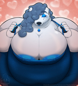anthro areola areola_slip belly belly_overhang big_belly big_breasts black_nose black_pawpads blue_areola blue_claws blue_clothing blue_dress blue_lipstick blue_nipples blush breasts broad_shoulders claws cleavage clothed clothing curly_hair dress ear_piercing ear_ring eyes_closed female freckled_breasts freckles fur grey_hair hair hair_over_eye hoop_ear_ring huge_belly huge_breasts huge_hips huge_thighs jewelry lipstick long_hair makeup necklace nipple_outline nipples overweight overweight_anthro overweight_female pawpads piercing ring_piercing smile solo sparkles sparkling_clothing sparkling_dress thick_thighs white_body white_fur wide_hips bigburrbailey bailey_(bigburrbailey) bear mammal polar_bear ursine absurd_res hi_res trans_(lore) trans_woman_(lore)