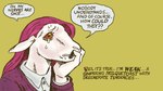 ambiguous_gender anthro bodily_fluids cardigan clenched_teeth dialogue hair horizontal_pupils long_hair pink_hair pupils simple_background solo speech_bubble sweat sweaty_face tears teeth text white_body worried worried_look yellow_background yellow_eyes clawheld bovid caprine domestic_sheep mammal sheep digital_media_(artwork) english_text handwritten_text hi_res
