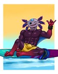 5_toes anthro armband bare_chest barefoot bulge clothing cute_fangs fangs feet gesture hand_gesture hand_sign male muscular muscular_male sea shaka_sign sitting solo surfboard swimming_trunks swimwear teeth toes water triceramonster epic_games fortnite axo_(fortnite) amphibian axolotl marine mole_salamander salamander absurd_res hi_res