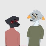 1:1 2023 anthro artist_name bird_dog black_body black_fur blue_eyes brown_eyes brown_markings canid canine canis clothed clothing digital_drawing_(artwork) digital_media_(artwork) domestic_dog duo ear_piercing ear_ring ears_down earwiggy eyebrow_piercing eyebrow_slit eyebrows eyewear facial_piercing fangs fox fur glasses green_clothing green_shirt green_topwear grey_body grey_fur heterochromia hi_res hunting_dog hybrid labrador looking_at_another male male/male mammal markings one_eye_closed orange_markings piercing pivoted_ears red_clothing red_shirt red_topwear retriever ring_piercing roadkill_(earwiggy) shirt simple_background smile spots teeth teeth_showing text tinted_glasses topwear wink wolf