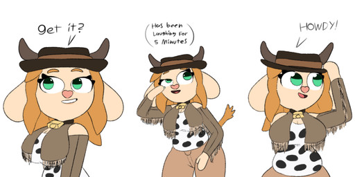 animal_print anthro big_breasts breasts clothing costume cow_print cowbell cowgirl_outfit curvy_figure female floppy_ears green_eyes hair happy heart_nose heart_symbol horn laugh orange_hair simple_background slightly_chubby smile solo text thick_thighs tipping_hat western white_background wide_hips wild_west wiping_tears guak lydia_garcia_(guak) beef_cattle bovid bovine cattle highland_cattle mammal absurd_res english_text hi_res