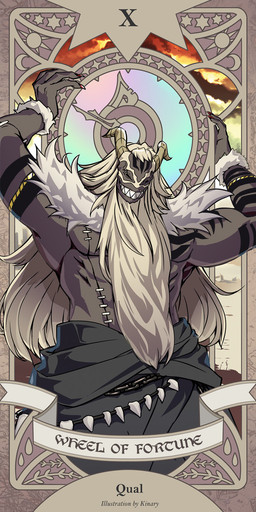 black_body card chain clothed clothing facial_hair goatee hair horn long_hair major_arcana male muscular pecs solo surgical_suture tarot tarot_card tattoo toothy_grin topless wheel_of_fortune_(tarot) kinary frieren_beyond_journey's_end qual_(frieren) demon humanoid hi_res