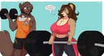 anthro barbell big_breasts black_bottomwear black_clothing black_shorts bodily_fluids bottomwear breasts brown_body brown_fur brown_tail cleavage clothed clothing crop_top duo female fully_clothed fully_clothed_anthro fully_clothed_female fully_clothed_male fur huge_breasts male muscular orange_clothing orange_shirt orange_tank_top orange_topwear pink_clothing pink_crop_top pink_shirt pink_topwear shirt shorts sweat tail tank_top thick_thighs topwear jwinkz hobbs_(mchobbit) canid canine canis felid lion mammal pantherine wolf 2022 colored digital_drawing_(artwork) digital_media_(artwork) hi_res