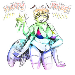 4_arms 5_fingers antennae_(anatomy) anthro arthropod_abdomen belly bikini bisexual_pride_colors black_bikini black_clothing black_swimwear blue_bikini blue_clothing blue_swimwear body_hair breasts cleavage clothed clothing exoskeleton eyelashes eyewear female female_anthro fingers gesture glasses hair hand_on_hip hand_on_own_hip happy_trail lgbt_pride looking_at_viewer medium_breasts multi_arm multi_limb multicolored_bikini multicolored_body multicolored_clothing multicolored_swimwear nonbinary_pride_colors pink_bikini pink_clothing pink_swimwear pride_color_bikini pride_color_clothing pride_color_swimwear pride_colors purple_bikini purple_clothing purple_swimwear rainbow_body rectangular_glasses ruff short_hair slightly_chubby slightly_chubby_anthro slightly_chubby_female snout solo swimwear text two-piece_swimsuit waving white_bikini white_clothing white_swimwear yellow_bikini yellow_clothing yellow_swimwear currentlytr_ash lgbt_pride_month arthropod bee carpenter_bee hymenopteran insect 1:1 2026 absurd_res english_text hi_res portrait three-quarter_portrait nonbinary_(lore)