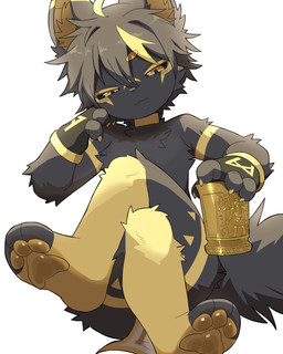 3_toes anthro arm_support biped black_body black_fur black_sclera claws clothing container crossed_legs cup feet finger_claws fingerless_gloves fur gloves handwear holding_container holding_cup holding_object inner_ear_fluff kemono leaning_on_elbow looking_at_viewer looking_down looking_down_at_viewer low-angle_view male male_anthro narrowed_eyes pawpads paws pelvic_curtain simple_background sitting solo tail toeless_(marking) toes tuft white_background yellow_body yellow_eyes yellow_fur young young_anthro young_male aellaellae egyptian_mythology middle_eastern_mythology mythology anubian_jackal canid canine canis jackal mammal 2026 absurd_res digital_media_(artwork) hi_res