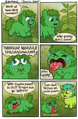 >_< ambiguous_feral ambiguous_gender blood blood_from_mouth blood_in_mouth blue_eyes bodily_fluids crying death eating eyes_closed feral flower fur gore grass green_body green_fur green_hair green_hooves green_tail grotesque_death hair hooves monotone_body monotone_fur nettles open_mouth pain pained_expression plant smile sting suffering tail tears text tongue tongue_out yellow_eyes young young_ambiguous young_feral squeegull fluffy_pony fluffy_pony_(species) mammal 2025 comic digital_media_(artwork) english_description english_text hi_res