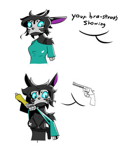 anthro black_body black_fur black_hair black_nose blue_clothing blue_eyes blue_shirt blue_topwear clothing cybernetic_arm cybernetic_face cybernetic_limb cybernetics dialogue female female_anthro fur gun hair handgun machine messy_hair nipple_tape pasties ranged_weapon revolver shirt short_hair solo tape topwear weapon gatonejo bra_strap_showing_(meme) moloko_(gatonejo) cyborg domestic_cat felid feline felis hybrid lagomorph leporid mammal rabbit 2026 hi_res meme