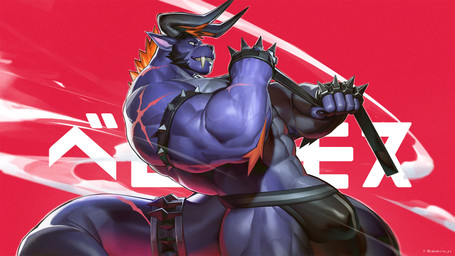 2_horns abs accessory anthro arm_tuft armband barazoku biceps black_clothing black_facial_hair black_jockstrap black_underwear blue_eyes brass_knuckles bulge claws clothed clothing countershading elbow_tuft facial_hair fangs finger_claws forearm_muscles fur furgonomics genitals grey_body grey_countershading grey_fur hair holding_leash holding_object horn jockstrap jockstrap_only leash male melee_weapon multicolored_body multicolored_fur muscular muscular_anthro muscular_male muscular_thighs navel neck_scar orange_hair penis penis_base purple_body purple_claws purple_fur red_background scar shoulder_scar sideburns simple_background solo spiked_armband spiked_knuckles spikes tail tail_accessory tail_scar tailband teeth text topless triceps tuft twitter_handle two_tone_body two_tone_fur underwear underwear_only weapon takahirosi final_fantasy final_fantasy_xiv square_enix behemoth_(final_fantasy) mammal 16:9 2025 hi_res japanese_text widescreen