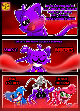 blue_body evil_face evil_grin evil_look female group machine male pink_body plushie purple_body red_smoke smile smoke text rocketlennon mob_entertainment poppy_playtime smiling_critters catnap_(poppy_playtime) huggy_wuggy mommy_long_legs prototype_(poppy_playtime) animate_inanimate domestic_cat felid feline felis living_machine living_plushie mammal comic hi_res spanish_text