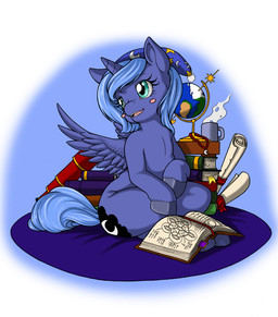 blue_background blue_body blue_eyes blue_feathers blue_fur blush book clothing container cup cutie_mark diagram elements_of_harmony feathered_wings feathers female feral fur globe gloves handwear hat headgear headwear hooves horn jewelry necklace nightcap pendent_seal pillow rug scroll simple_background sitting solo steam wax_seal wings young young_feral longinius friendship_is_magic hasbro my_little_pony mythology princess_luna_(mlp) equid equine mammal mythological_creature mythological_equine winged_unicorn 2014