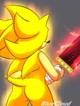 anthro big_butt buster_sword butt clothing fur gloves handwear male melee_weapon solo sword thick_thighs weapon yellow_body yellow_fur bluecloud final_fantasy final_fantasy_vii sega sonic_the_hedgehog_(series) square_enix sonic_the_hedgehog super_sonic eulipotyphlan hedgehog mammal 3:4 hi_res