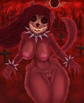 anthro areola big_breasts blood bodily_fluids bone breasts cemetery collar eclipse female fog forest forest_background fur genitals hair long_hair looking_at_viewer nature nature_background nightmare_fuel nipple_piercing nipples nude piercing plant pussy red_body red_eyes red_fur red_hair sharp_teeth skull smile solo spiked_collar spikes tail teeth thick_thighs tree gorillabulldozer creepypasta smile.dog canid canine canis demon mammal hi_res