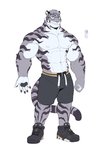 abs anthro bottomwear clothing eyewear fur glasses hair male muscular muscular_anthro muscular_male nipples pecs simple_background solo ixkouu felid mammal pantherine 2020 hi_res