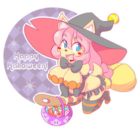 anthro big_breasts black_bow_tie blue_eyes blush blush_stickers bow_tie braided_hair braided_ponytail breasts broom candy candy_bucket cleaning_tool cleavage clothed clothed_anthro clothed_female clothing cute_fangs dessert eye_through_hair eyebrow_through_hair eyebrows eyelashes eyelashes_through_hair fangs female flying_broom food fur furgonomic_hat furgonomic_headwear furgonomic_witch_hat furgonomics hair hat headgear headwear holidays inner_ear_fluff legwear open_mouth open_smile ponytail salmon_hair skimpy smile solo tail teeth text thigh_highs translucent translucent_hair tuft witch_hat yellow_body yellow_fur theycallhimcake halloween totty_(theycallhimcake) canid canine canis domestic_dog mammal 2015 absurd_res digital_drawing_(artwork) digital_media_(artwork) english_description english_text hi_res