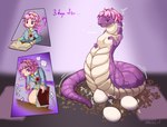 anthro book breasts chair clothing egg female furniture genitals hair holding_book holding_object human_to_anthro looking_down open_mouth oviposition pink_hair purple_body purple_scales pussy scales shirt simple_background solo species_transformation surprised table time_skip topwear transformation young axolotl_tf human mammal reptile scalie snake 2024 digital_media_(artwork)