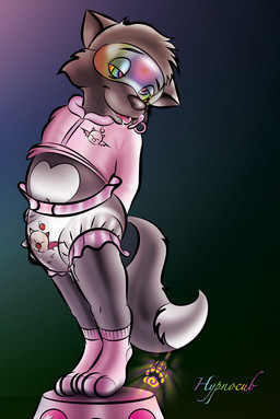 anthro black_body black_ears black_fur black_nose black_tail bodily_fluids clothed clothing diaper drooling footwear fur half-closed_eyes hands_behind_back heart_(marking) heart_symbol hypnosis hypnotic_device hypnotic_visor jacket male markings mind_control multicolored_body multicolored_fur narrowed_eyes object_in_mouth pacifier pacifier_in_mouth pink_clothing pink_footwear pink_jacket pink_socks pink_topwear saliva socks solo spiral spiral_eyes standing tail tiptoes tongue tongue_out topwear two_tone_body two_tone_fur two_tone_tail wearing_diaper white_body white_fur white_tail young young_anthro hypnocub final_fantasy square_enix canid canine fox mammal 2017 digital_media_(artwork)