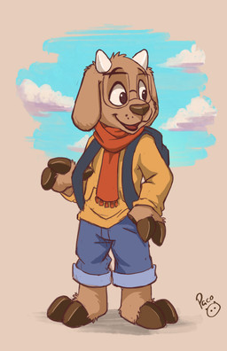 anthro backpack barefoot biped blue_bottomwear blue_clothing blue_shorts blue_sky border bottomwear brown_body brown_eyes brown_fur brown_hooves brown_nose clothed clothing cloud cloven_hooves day eyebrows eyewear feet fingers floppy_ears fully_clothed fur glasses hand_in_pocket holding_object hooved_fingers hooves horn looking_aside male open_mouth open_smile outside plantigrade pockets red_scarf scarf shadow shorts simple_background sky smile solo standing sweater tongue topwear whisker_spots white_background white_border white_horn yellow_clothing yellow_sweater yellow_topwear pandapaco samy_(samysuper_) bovid caprine goat mammal 2021 absurd_res digital_media_(artwork) full-length_portrait hi_res portrait signature