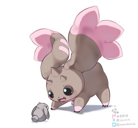 all_fours ambiguous_gender anthro beady_eyes brown_body brown_fur chibi duo feral fur horn long_ears looking_at_another simple_background sitting size_difference white_background youzaiyouzai112 bandai_namco digimon digimon_(species) lagomorph leporid lopmon mammal rabbit hi_res