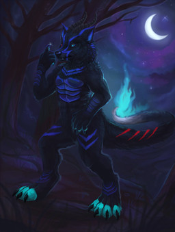 4_toes 5_fingers anthro biped black_body black_claws black_fur black_nose blue_eyes blue_fire blue_markings claws colored_fire dark detailed_background digitigrade feet fingers fire fur grass handpaw heterochromia horn long_tail looking_at_viewer male markings moon night no_sclera nude outside pawpads paws plant red_eyes red_markings snout solo standing star tail toes tree kyuubreon mythology ormeath canid canine dragon hybrid mammal mythological_canine mythological_creature mythological_scalie scalie werecanid werecanine werecreature werewolf hi_res