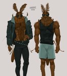 3_fingers abs antennae_(anatomy) anthro athletic_wear belt biceps black_belt black_bottomwear black_clothing black_eyebrows black_eyes black_jacket black_jeans black_pants black_shirt black_tank_top black_topwear bottomwear brown_antennae brown_body brown_exoskeleton clothed clothed_anthro clothed_male clothing deltoids denim denim_bottomwear denim_clothing duo empty_eyes exoskeleton eyebrows featureless_chest fingers front_view grey_background grey_bottomwear grey_clothing grey_jacket grey_shorts grey_topwear gym_bottomwear gym_shorts half-closed_eyes invertebrate_proboscis jacket jeans long_sleeves male male_anthro multicolored_bottomwear multicolored_clothing multicolored_shorts multicolored_topwear muscular muscular_anthro muscular_male narrowed_eyes obliques open_clothing open_jacket open_topwear pants pecs proboscis_(anatomy) shirt shirtless shirtless_anthro shirtless_male shorts simple_background standing tank_top text topwear two_tone_bottomwear two_tone_clothing two_tone_jacket two_tone_shorts two_tone_topwear white_bottomwear white_clothing white_shorts white_text kogito arthropod fly_(animal) insect mosquito 2025 absurd_res english_text hi_res