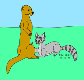 ambiguous_gender blue_sky brown_body brown_fur day erection feral fur genitals grass green_grass grey_body grey_fur imminent_oral looking_at_viewer looking_back looking_back_at_viewer male male/ambiguous outside penis plant red_penis simple_background sky smile smiling_at_viewer tail teeth urbanhermit mammal mustelid otter procyonid raccoon 2001 dated low_res