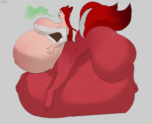 belly big_belly big_breasts breasts burp_cloud burping digitigrade female female_taur fur hair huge_belly huge_breasts hyper hyper_belly long_hair multi_tail open_mouth quadruped red_body red_ears red_fur red_hair red_tail side_view solo tail tan_body tan_skin text vore white_tail roobin humanoid_taur mammal taur artist_name hi_res