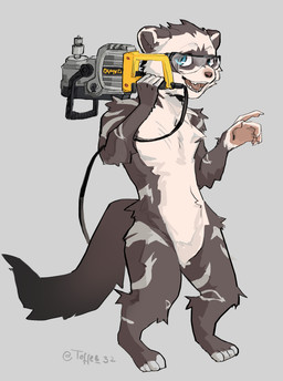 anthro eyewear glasses male power_tool safety_glasses solo tools toffee_32 dewalt cooper_mordaut domestic_ferret mammal mustelid musteline true_musteline weasel absurd_res hi_res