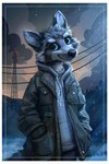 anthro black_nose blue_eyes border clothed clothing communication_tower detailed_background detailed_fur fluffy fur hand_in_pocket hands_in_both_pockets hoodie looking_at_viewer male outside pockets raining red_light solo standing star sunrise sunset text text_on_clothing text_on_hoodie text_on_topwear topwear tower utility_line whiskers white_border jacato canid canine mammal 2020 absurd_res cool_colors detailed digital_media_(artwork) digital_painting_(artwork) hi_res shaded soft_shading