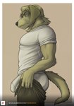 anthro belt biped bodily_fluids bottomwear bulge butt clothed clothing eyebrows fully_clothed fur green_body green_fur green_hair hair male pants putting_on_clothes shirt side_view solo standing sweat teeth text topwear underwear vulprofox patreon tight_pants_(meme) dana_(vulprofox) canid canine canis domestic_dog mammal 2023 absurd_res digital_media_(artwork) hi_res meme url