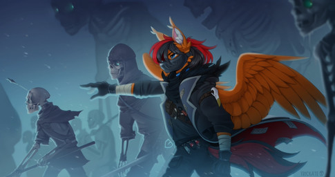 anthro armor arrow_(weapon) black_hair blue_eyes bone bottomwear clothed clothing command detailed_background ear_tuft fur gesture gloves glowing glowing_eyes green_eyes group hair handwear headgear helmet holding_melee_weapon holding_object holding_sword holding_weapon inner_ear_fluff jacket male mask melee_weapon mouth_mask multicolored_hair orange_body orange_fur orange_wings pants ranged_weapon red_hair scarf shirt skeleton snow sword text toony topwear tuft two_tone_hair weapon wings trickate mythology paizo pathfinder animated_skeleton equid equine horse mammal mythological_creature mythological_equine pegasus pony undead absurd_res artist_name detailed hi_res shaded signature