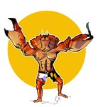 abs anthro bottomwear chela clothed clothing eyestalks glistening glistening_body holding_object male muscular muscular_male nipples pincers raised_arms red_body shorts shorts_only solo step_pose topless topless_male bedupolker arthropod crab crustacean decapoda malacostracan marine hi_res