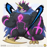 abs anthro belt black_body black_sclera blade cape clothing codpiece glowing glowing_eyes horn male muscular muscular_anthro muscular_male pecs solo tail tail_blade weapon_tail nekotiger_(artist) bandai_namco digimon digimon_ghost_game digimon_(species) gulusgammamon 1:1