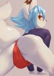 all_fours anthro asian_clothing bent_over blue_hair bottomless bulge butt butt_focus clothed clothing east_asian_clothing fundoshi fur hair japanese_clothing kemono looking_at_viewer looking_back loose_fundoshi male orange_eyes partially_clothed red_clothing red_fundoshi red_underwear shirt shota solo topwear underwear white_body white_fur young kuroisumi canid canine fox mammal 2017 hi_res