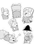 4_fingers anthro biped carrying_another chibi clothing dot_eyes duo eyes_closed fingers hat headgear headwear simple_background sitting solo hikari_gamba gamba_no_bouken gamba_no_bouken_(series) chuuta ganba shijin mammal mouse murid murine rodent 2023 hi_res monochrome