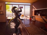 3d_background anthro bikini breasts brown_body brown_scales claws clothed clothing cobra female kitchen looking_at_viewer milk_carton muscular muscular_anthro muscular_female non-mammal_breasts purple_claws reflection reptile scales scalie shandi snake solo spotty_the_cheetah standing swimwear tail toe_claws