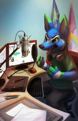 4_fingers angry anthro biped black_nose blue_body blue_fur clothed clothing computer computer_keyboard computer_monitor computer_mouse desk drawing_tablet electronics eyebrows fingers flag fur furniture green_eyes headgear headphones headset inside male microphone open_mouth pencil_(object) sitting solo table teeth tongue thanshuhai facebook canid canine canis domestic_dog husky mammal nordic_sled_dog spitz 2012 digital_media_(artwork) digital_painting_(artwork) hi_res painting_(artwork)