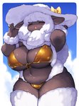 anthro big_breasts bikini black_body breasts clothed clothing cloud day eyes_closed female front-tie_bikini front-tie_clothing front-tie_swimwear fur glistening glistening_body gold_bikini hair hat headgear headwear kemono legwear open_mouth ribbons sky slightly_chubby slightly_chubby_female smile solo swimwear thick_thighs triangle_bikini two-piece_swimsuit white_body white_clothing white_fur white_hair white_hat white_headwear wide_hips yellow_ribbon kishibe golden_week chino_(kishibe) bovid caprine mammal sheep hi_res