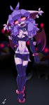 anthro black_bottomwear black_clothing black_lips black_skirt bottomwear breasts chest_tuft cleavage clothed clothing collar cosplay ear_piercing female glowing glowing_eyes hair legwear lips membrane_(anatomy) membranous_wings nipple_outline open_mouth piercing purple_hair skinny_female skirt slim slim_female solo standing thigh_highs tuft wings waffl3sk4t disgaea nippon_ichi_software etna_(disgaea) meridia_(waffl3sk4t) bat mammal 2022 digital_media_(artwork) hi_res