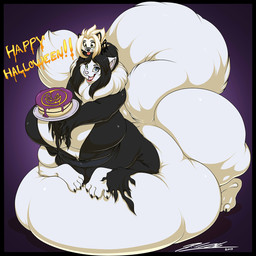 anthro belly big_belly big_breasts black_hair blue_eyes breasts cake clothed clothing dessert female food fur green_eyes hair heterochromia holidays huge_belly huge_breasts male obese obese_anthro obese_female obese_taur open_mouth overweight overweight_anthro overweight_female overweight_taur tongue tongue_out white_body white_fur yellow_eyes deonwolf halloween anna-maria_(heartxbleed) deon_(deonwolf) canid canine canis cat_taur domestic_cat felid felid_taur feline feline_taur felis mammal mammal_taur taur wolf 1:1 2017 digital_media_(artwork) hi_res