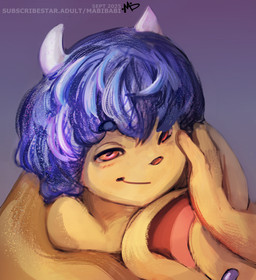 2_horns anthro big_ears blue_hair ear_piercing ear_ring floppy_ears fur grey_horn hair half-closed_eyes horn logo looking_at_viewer male male_anthro narrowed_eyes orange_eyes orange_nose piercing pink_inner_ear pupils ring_piercing short_hair smile smirk solo text white_horn yellow_body yellow_ears yellow_fur young young_anthro young_male mabibabi bovid caprine goat mammal 2025 artist_logo dated hi_res icon url