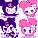 :o anthro blush bone chibi daisy_(flower) dialogue duo eyelashes female female/female flower flower_accessory open_mouth plant purple_eyes shocked simple_background skull stated_homosexuality stated_sexuality surprise text white_background nekozneko it's_okay_i'm_a_"lesbo" onegai_my_melody sanrio kuromi my_melody demon lagomorph leporid mammal rabbit 1:1 2020 4koma comic english_text meme