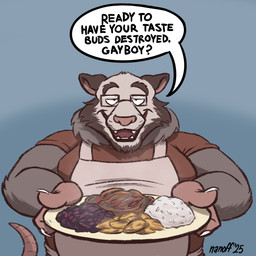 anthro apron blue_background clothing eyewear food fur glasses grey_body grey_fur male open_mouth open_smile plate question red_clothing red_shirt red_topwear serving_food shirt simple_background smile solo speech_bubble tail teeth text topwear wearing_glasses white_body white_fur nanoff grixis_(character) american_opossum mammal marsupial 1:1 2025 english_description english_text hi_res
