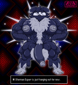 abs abstract_background anthro arm_hair arm_tuft balls barazoku barefoot biceps big_balls big_muscles big_pecs big_penis blue_body blue_fur blue_penis body_hair butt_hair cheek_tuft chest_hair chest_tattoo chest_tuft claws clothed clothing ear_markings eyewear facial_tuft feet flaccid fluffy fluffy_balls fluffy_chest foreskin front_view fur fur_markings fusion genitals glasses glowing glowing_body grey_nipples hair hands_on_hips happy_trail head_tuft huge_muscles huge_pecs humanoid_genitalia humanoid_penis ineffective_clothing leg_tuft male markings multicolored_body multicolored_fur muscular muscular_anthro muscular_arms muscular_legs muscular_male muscular_thighs nipples nude pecs penis pose psychic psychic_energy psychic_powers pubes serious shoulder_tuft solo spread_legs spreading standing sunglasses tattoo text text_box toe_claws tuft two_tone_body two_tone_fur visor white_body white_body_hair white_fur white_hair white_pubes annaengine earthbound_(series) nintendo pokemon fan_character espurr felid feline generation_6_pokemon mammal pokemon_(species) starman absurd_res crossover digital_drawing_(artwork) digital_media_(artwork) english_text hi_res