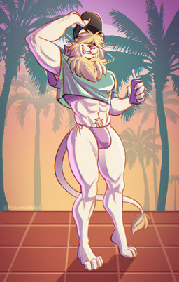 anthro bikini_thong bulge clothed clothing crop_top crossdressing detailed_background fangs feet fur hair hair_over_eye hindpaw looking_at_viewer male mane muscular palm_tree paws pink_nose plant shirt smile solo swimwear tail teeth thick_thighs thong topwear tree tuft underwear white_body yellow_body yellow_fur eirikbat freakynastybat grand_theft_auto grand_theft_auto_vi gta_vi_cover_girl rockstar_games kalua felid lion mammal pantherine absurd_res digital_media_(artwork) hi_res huge_filesize