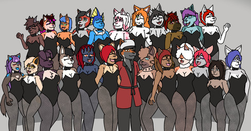 anthro clothing female fishnet_clothing fishnet_legwear group hands_behind_back harem legwear male male/female playboy_bunny playboy_outfit robe dank-artistic-fox nintendo pokemon blurse_(blursedart) doggo_(diicks) petra_(kiss_the_carrot) zoro_hierro beaver bovid canid canine canis caprine deer domestic_cat eeveelution felid feline felis fox generation_1_pokemon generation_4_pokemon generation_7_pokemon goat growlithe lagomorph leporid mammal murid murine pantherine pokemon_(species) rabbit rat rockruff rodent tiger vaporeon weavile wolf absurd_res hi_res