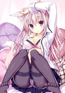 blush bottomwear breasts camel_toe clothed clothing female hair long_hair looking_at_viewer open_mouth pillow pink_hair purple_eyes simple_background sitting skirt solo underwear white_background tateha animal_humanoid canid canid_humanoid humanoid mammal mammal_humanoid 2015 digital_media_(artwork) shaded