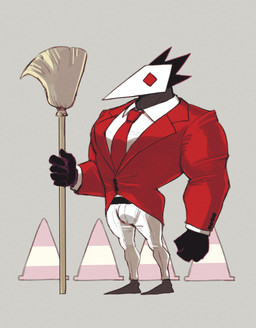 anthro bottomwear broom bulge cleaning_tool clothed clothing gloves handwear male muscular pants red_clothing red_eyes red_suit solo standing suit suit_and_tie white_bottomwear white_clothing white_pants k0bit0wani deltarune undertale_(series) avian darkner swatchling 2021 absurd_res digital_drawing_(artwork) digital_media_(artwork) hi_res