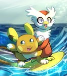 ambiguous_gender beak big_tail cheek_spots day duo fur looking_at_another on_tail open_mouth open_smile outside paws pupils sea sky smile standing surfing tail teeth tongue water wave white_body white_fur white_pupils white_sclera yellow_beak yellow_cheeks flavia-elric nintendo pokemon alolan_form alolan_raichu delibird generation_2_pokemon generation_7_pokemon pokemon_(species) regional_form_(pokemon) 2017 absurd_res digital_media_(artwork) hi_res