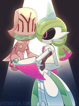 ambiguous_gender anthro clothing dancing dress duo eyes_closed glowing hand_holding machine particles spotlight spotlight_beam conditional_dnp shiirafish nintendo pokemon alien beheeyem future_pokemon generation_5_pokemon generation_9_pokemon humanoid iron_valiant paradox_pokemon pokemon_(species) robot